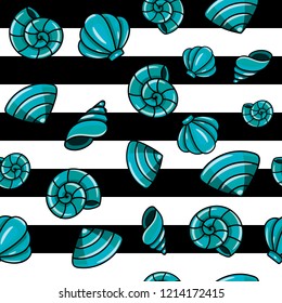 Ocean seamless pattern with colorful seashells on black and white stripes background. vector illustration