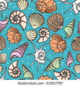 Ocean seamless pattern with colorful seashells vector illustration