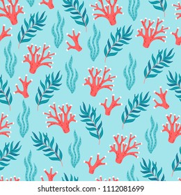 Ocean seamless pattern with corals and seaweeds on light blue background. Perfect for summer greeting cards.