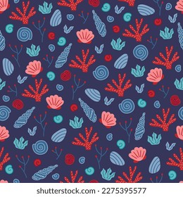 Ocean seamless pattern with corals, shells, seaweed on blue background. Perfect for gift paper, summer greetings. Vector illustration