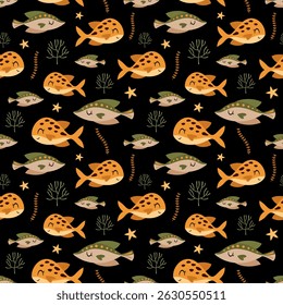 Ocean seamless pattern with cute fish and seaweeds. Adorable sea animal pattern for kids. Whimsical nautical hand drawn vector design in flat cartoon style
