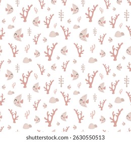 Ocean seamless pattern with cute fish and seaweeds. Adorable sea animal pattern for kids. Whimsical nautical hand drawn vector design in flat cartoon style