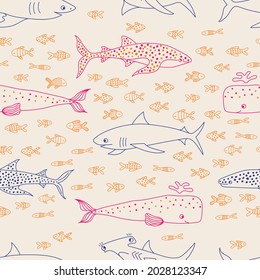 Ocean seamless pattern design with sharks, fishes and whales. Perfect for a marine themed project! 