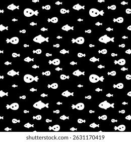 Ocean seamless pattern with fish and seaweeds in black and white silhouette style. Cute sea vector background