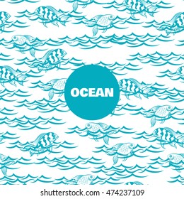 Ocean seamless pattern with fish in the waves vector