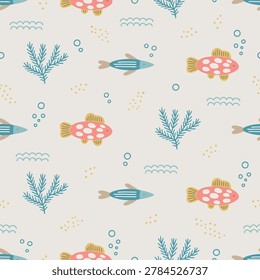 Ocean seamless pattern with fishes, seaweeds, bubbles, waves on light background. Perfect for wallpaper, gift paper, summer greeting cards. Vector hand drawn child illustration
