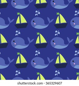 In the ocean, Seamless pattern with funny cartoon whales and ships