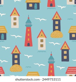 Ocean seamless pattern with houses, lighthouse and seagulls on blue background. Perfect for summer greetings, wallpaper, wrapping paper, fabric. Vector illustration