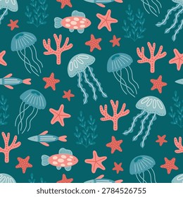 Ocean seamless pattern with jellyfishes, corals, starfishes, seaweeds, fishes on turquoise background. Perfect for wallpaper, gift paper, summer greeting cards. Vector hand drawn child illustration