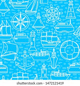 Ocean seamless pattern in line style with ships icons. Marine travel and vacation repeating background. Nautical vector illustration.