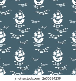 Ocean seamless pattern with pirate ship. Adorable sea pattern for kids. Cute nautical hand drawn vector design in flat cartoon style