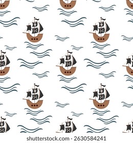 Ocean seamless pattern with pirate ship. Adorable sea pattern for kids. Cute nautical hand drawn vector design in flat cartoon style