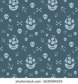 Ocean seamless pattern with pirate ship. Adorable sea pattern for kids. Cute nautical hand drawn vector design in flat cartoon style