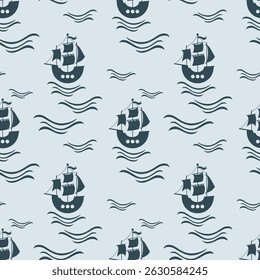 Ocean seamless pattern with pirate ship. Adorable sea pattern for kids. Cute nautical hand drawn vector design in flat cartoon style