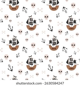 Ocean seamless pattern with pirate ship. Adorable sea pattern for kids. Cute nautical hand drawn vector design in flat cartoon style