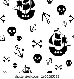 Ocean seamless pattern with pirate ship in black and white color. Adorable sea pattern for kids. Cute nautical hand drawn vector design in flat cartoon style