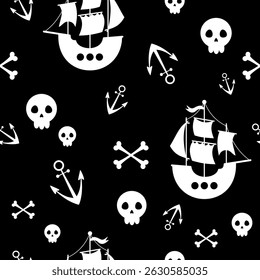 Ocean seamless pattern with pirate ship in black and white color. Adorable sea pattern for kids. Cute nautical hand drawn vector design in flat cartoon style