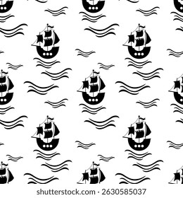 Ocean seamless pattern with pirate ship in black and white color. Adorable sea pattern for kids. Cute nautical hand drawn vector design in flat cartoon style