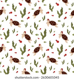 Ocean seamless pattern with pirate turtle, fish and seaweeds. Adorable sea animal pattern for kids. Whimsical nautical hand drawn vector design in flat cartoon style