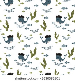 Ocean seamless pattern with pirate whale, fish, waves and seaweeds. Adorable sea animals pattern for kids. Whimsical nautical hand drawn vector design in flat cartoon style