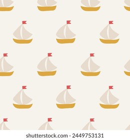 Ocean seamless pattern with sailing boats on white background. Perfect for summer greetings, wallpaper, wrapping paper, fabric. Vector illustration