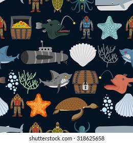 Ocean seamless pattern. Sea inhabitants. Starfish and shark on black background. Water turtle and diver. Treasure Chest and  whale. Octopus and coral. Vector Underwater ornament.