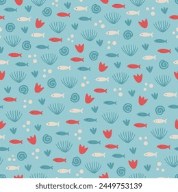 Ocean seamless pattern with seaweeds, fishes and bubbles on blue background. Perfect for summer greetings, wallpaper, wrapping paper, fabric. Vector illustration