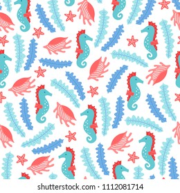 Ocean seamless pattern with shells, seahorse, starfish and seaweed on white background. Perfect for summer greeting cards.