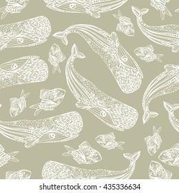 Ocean seamless pattern. Sperm whale and fish.