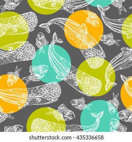 Ocean seamless pattern. Sperm whale and fish.