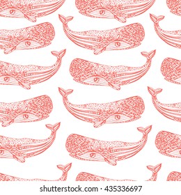 Ocean seamless pattern. Sperm whale and fish.
