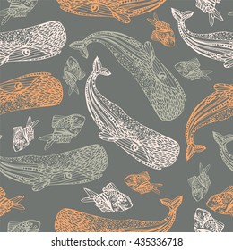 Ocean seamless pattern. Sperm whale and fish.