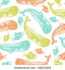 Ocean seamless pattern. Sperm whale and fish.