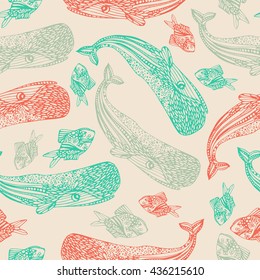 Ocean seamless pattern. Sperm whale and fish.
