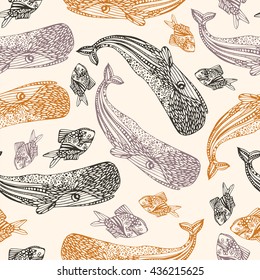 Ocean seamless pattern. Sperm whale and fish.