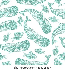 Ocean seamless pattern. Sperm whale and fish.