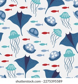 Ocean seamless pattern with stingray, fishes, jellyfish on white background. Perfect for gift paper, summer greetings. Vector illustration