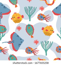Ocean seamless pattern with various of fishes, long-spine porcupinefish,
stingray  and reef corals. Ocean underwater pattern in vector. Perfect for summer greeting cards. Summer flat illustration