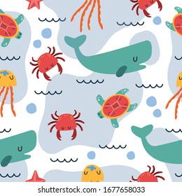 Ocean seamless pattern with various of fishes, 
whale, jellyfish, crab, and reef corals. Ocean underwater seamless pattern in vector. Perfect for summer greeting cards.Summer flat vector cartoon 