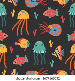 Ocean seamless pattern with various of fishes, 
Nautilus Pompilius, jellyfish and reef corals. Ocean underwater seamless pattern in vector. Perfect for summer greeting cards.Summer flat vector cartoon