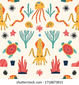 Ocean seamless pattern with various of fishes, turtle, octopus , jellyfish and reef corals. Ocean underwater seamless pattern in vector. Perfect for summer greeting cards.Summer flat vector cartoon
