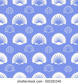 Ocean seamless pattern with white sea shells on blue background. Vector ilustration