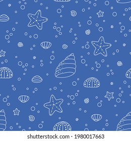 Ocean seamless vector pattern with cute hand drawn star, clam and sea shell theme doodle elements. White line objects on blue background. For wrapping paper, textile, print, fabric, wallpaper, banner.