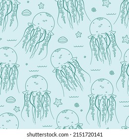 Ocean seamless vector pattern with jellyfishes, stars, clams and sea shells. Line objects. Cute hand drawn doodle background for wrapping paper, textile, print, fabric, wallpaper, gift, packaging.
