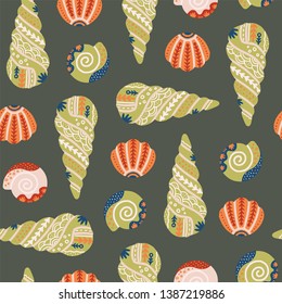 Ocean seashells hand drawn seamless pattern. Seaside vector concept. Underwater life backdrop in scandinavian style. Wrapping paper, textile design.