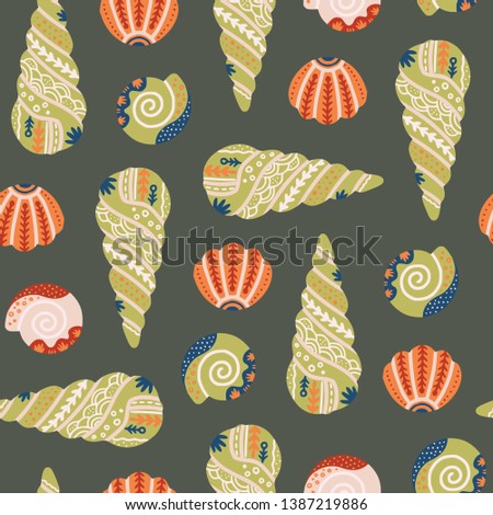 Ocean seashells hand drawn seamless pattern. Seaside vector concept. Underwater life backdrop in scandinavian style. Wrapping paper, textile design.