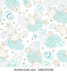 Ocean seashells pattern background, vector sketch line art sea shells, corals and turtles. Underwater marine pattern, engraved design in pastel gold and turquoise color, sea reef shells background