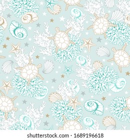 Ocean seashells pattern background, vector sketch line art sea shells, corals and turtles. Underwater marine surface pattern design, engraved design in pastel gold and turquoise color