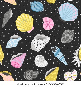 Ocean seashells seamless pattern. Cartoon sea objects, hand drawn colorful shells for decoration, elements of concept of ocean treasure, vector illustration marine shell background