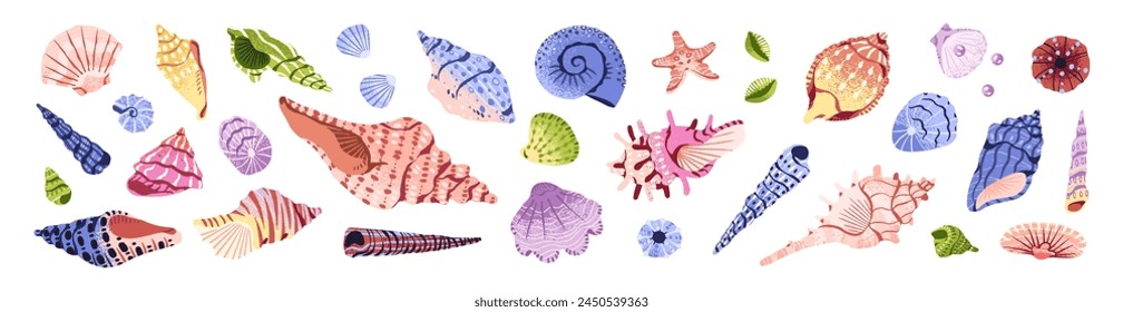 Ocean seashells set. Different beach sea shells: florida conch, scallop, cockle, mussel, cowrie. Various tropical mollusk, shellfish, snail. Flat isolated vector illustration on white background